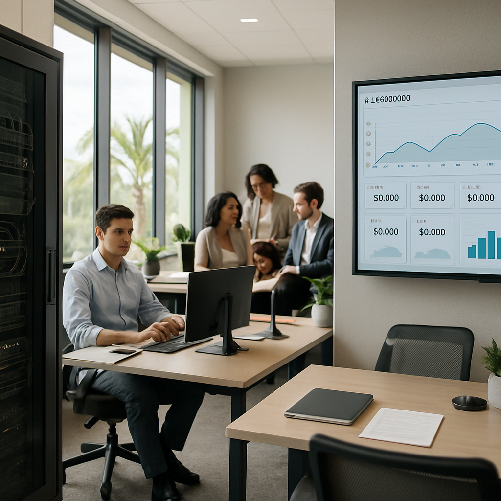 CPA firm office showing on-premise server rack and cloud dashboard comparison in South Florida