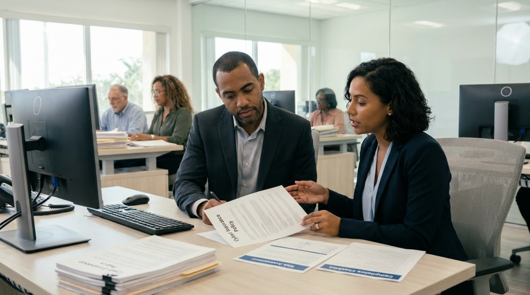 CPA firm partner reviewing cyber insurance policy and compliance documents in South Florida office