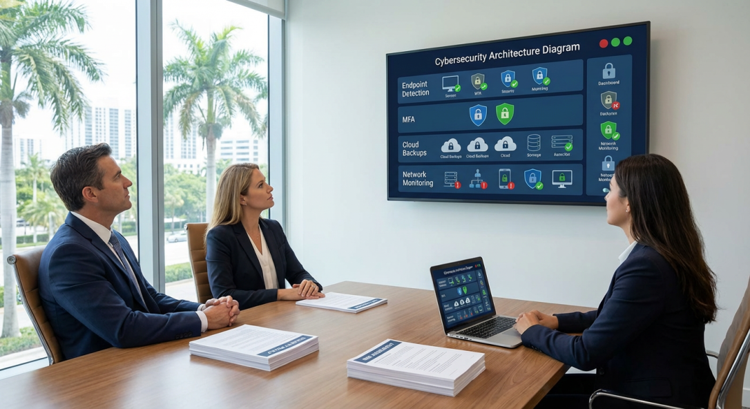 CPA firm executives reviewing layered cybersecurity stack architecture and compliance dashboard in South Florida office