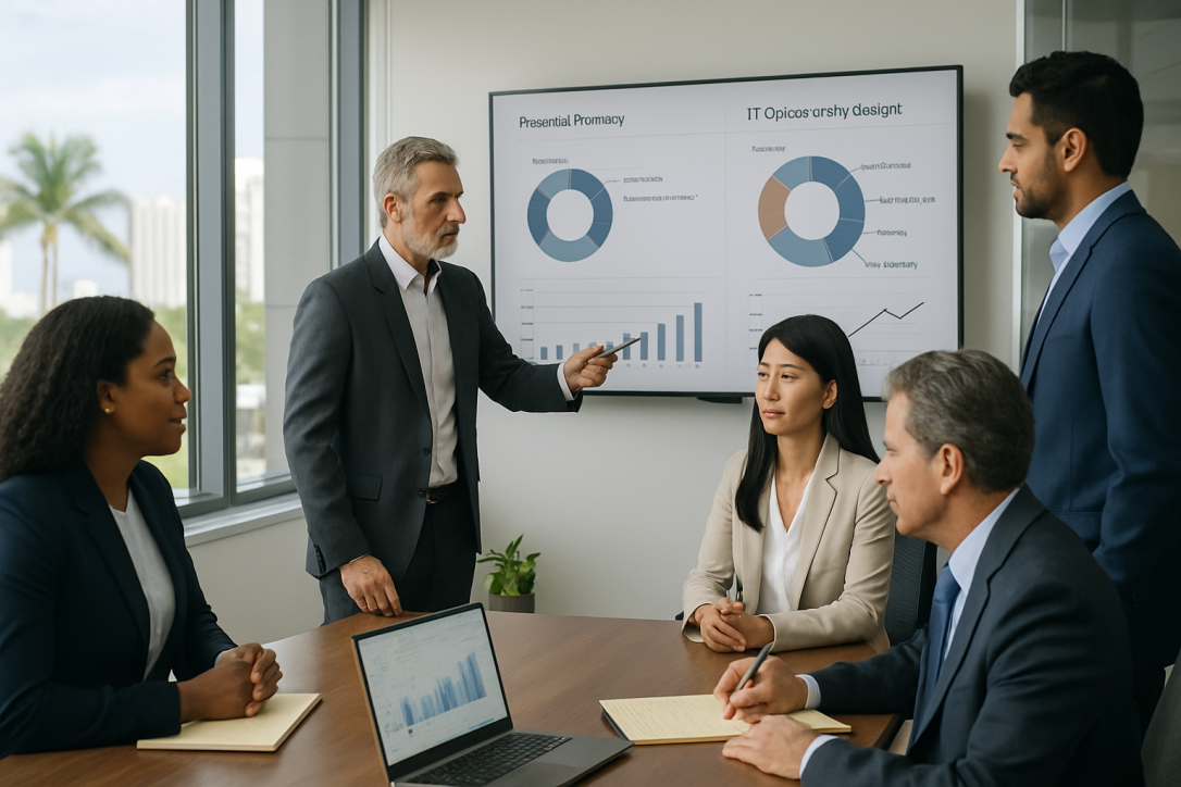 Diverse CPA firm partners reviewing IT and cybersecurity budget planning in South Florida office