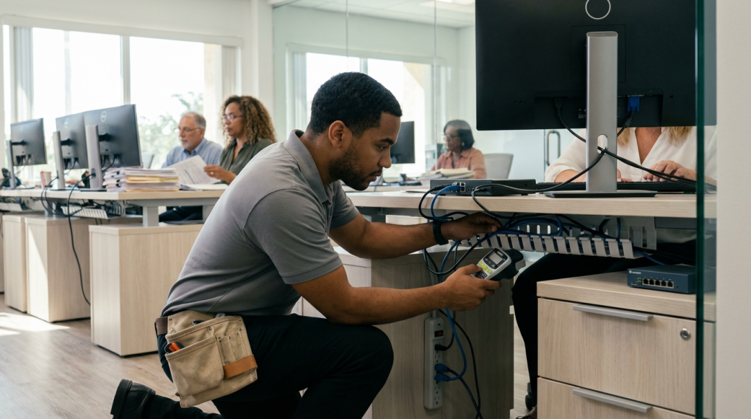 IT technician installing new computer workstation during IT provider transition at South Florida CPA firm